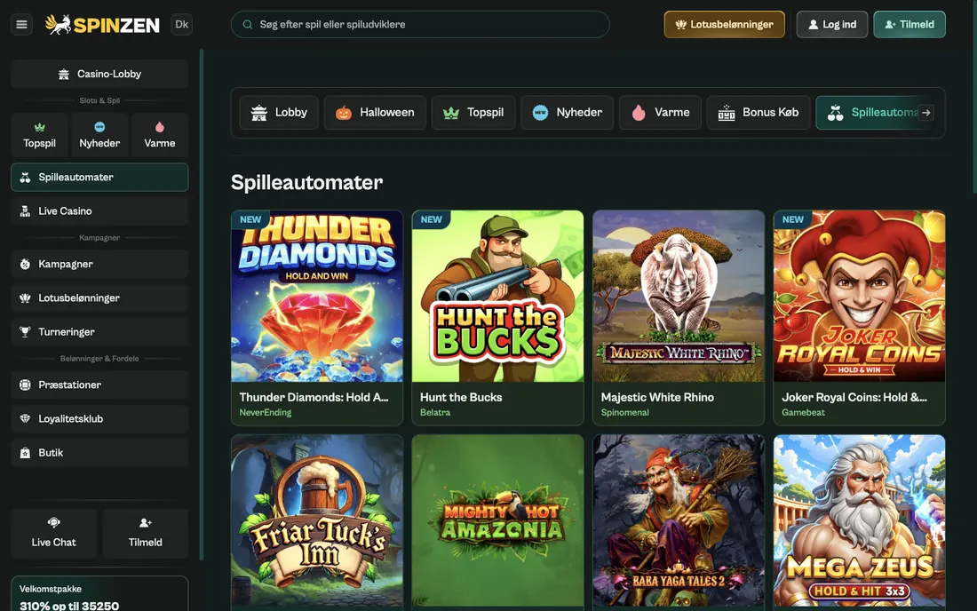 Skærmbillede af Spinzens danske side med spilleautomater på computer, med kategorifaner og spilikoner